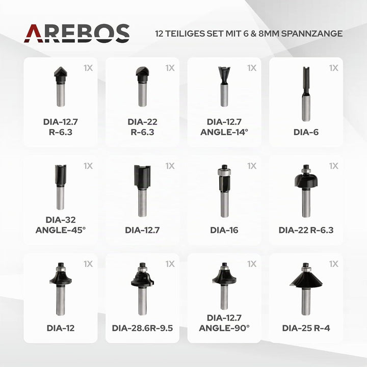 Arebos Oberfräse mit Koffer (1200 W, Ø 6 und 8 mm, Drehzahlregelung, Parallelanschlag, Reduzierstück