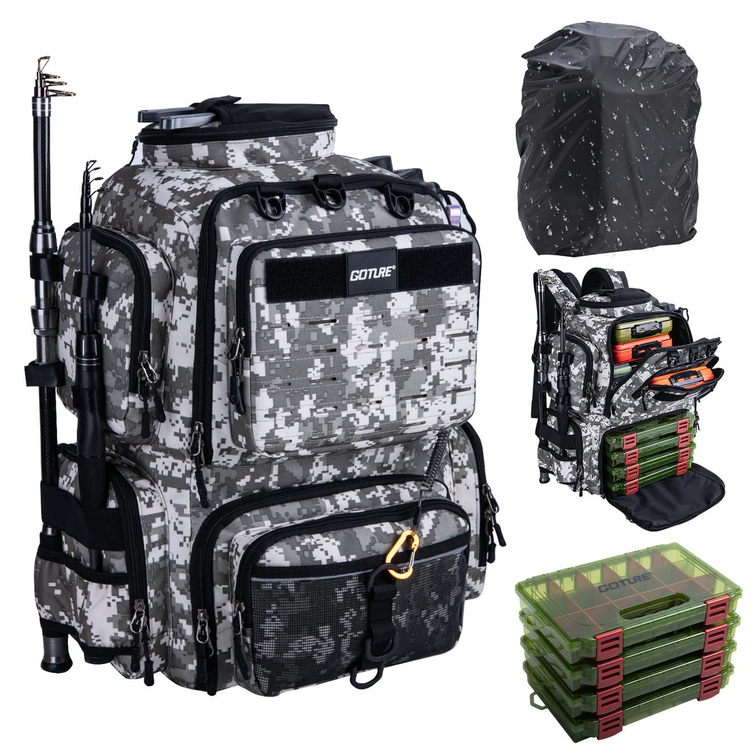 Goture Angelrucksack mit 4 Köderbox Angeln, 45-Liter Angelzubehör-Rucksack mit Zwei Rutenhaltern und