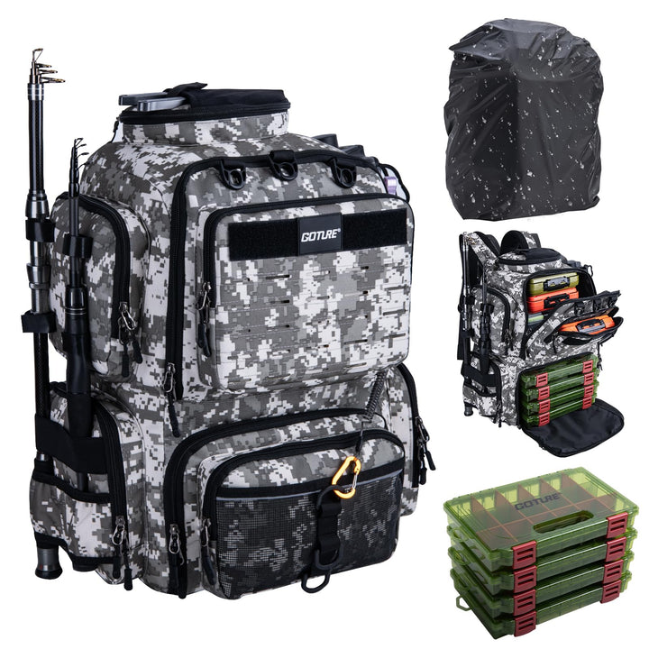 Goture Angelrucksack mit 4 Köderbox Angeln, 45-Liter Angelzubehör-Rucksack mit Zwei Rutenhaltern und