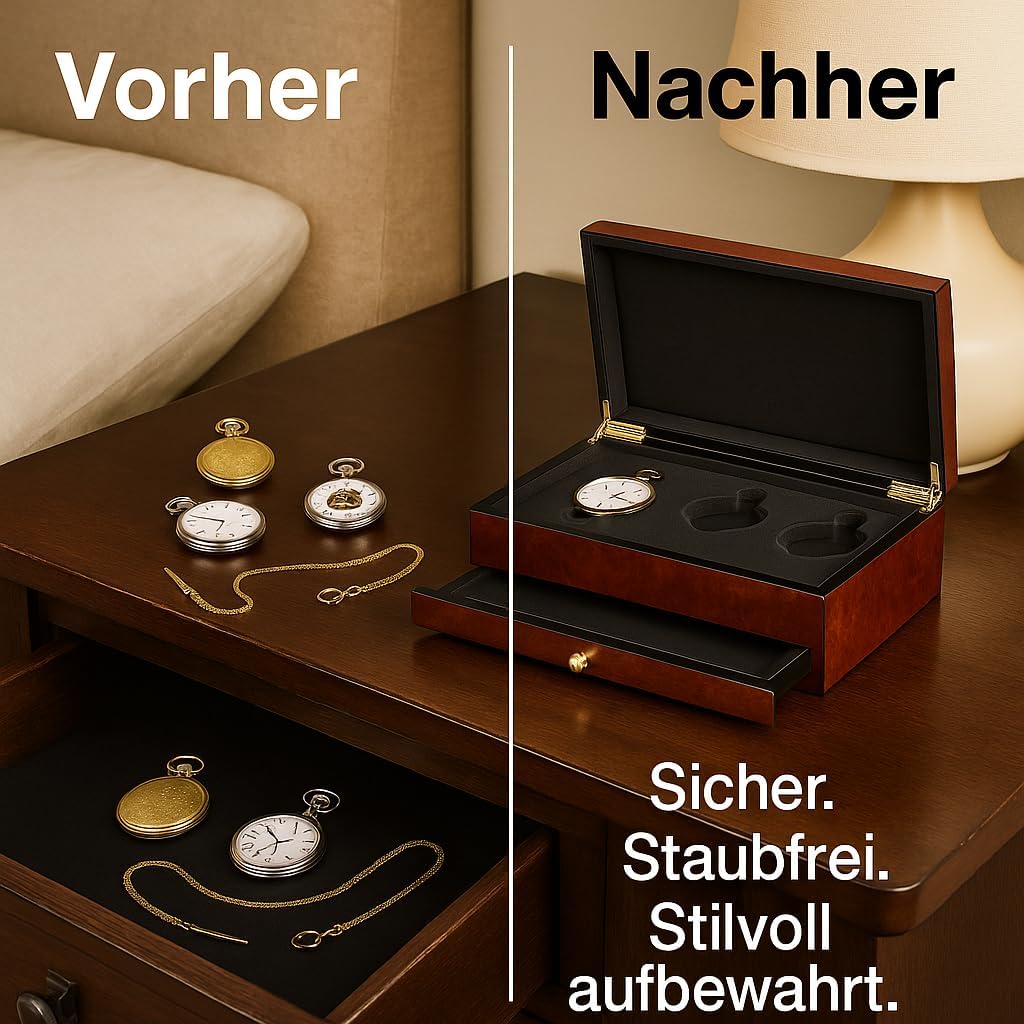 SELVA Taschenuhr-Schatulle für 6 Uhren, Gehäuse in hochglänzender Ulmenholz-Optik, Schublade mit Mag