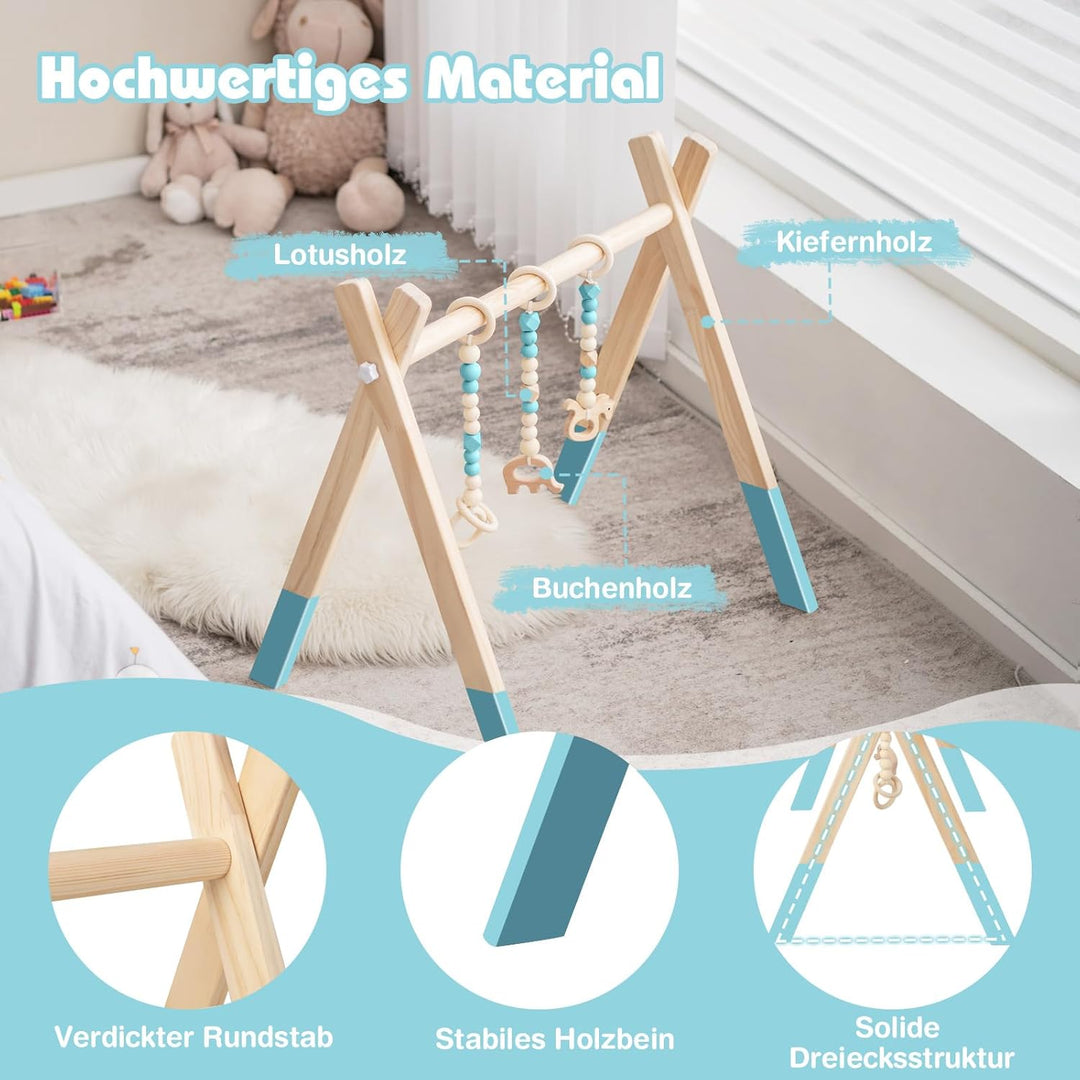 COSTWAY Baby Spielbogen Holz, Spieltrapez klappbar, Baby Gym mit 3 abnehmbaren Kinderspielzeugen, Sp