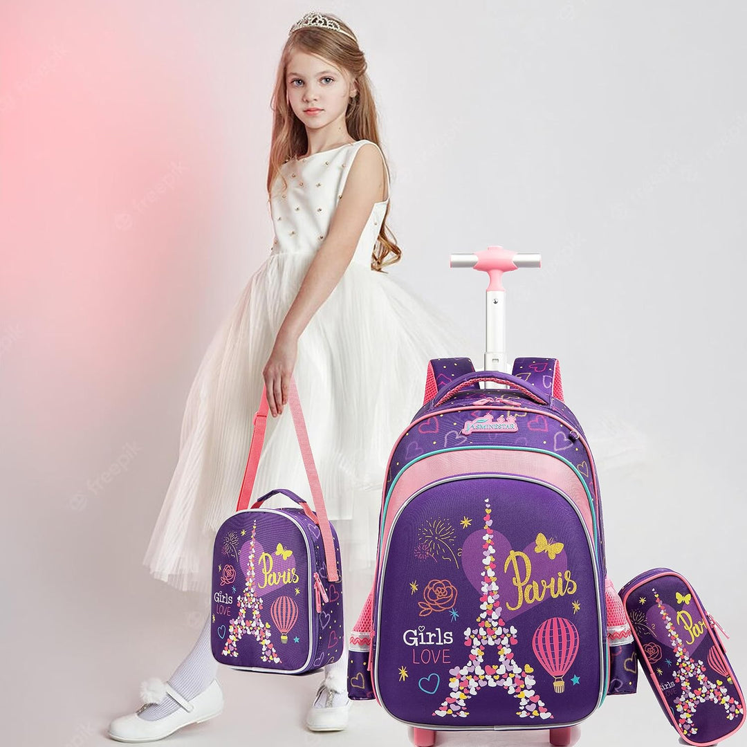 Egchescebo Schulranzen Kinder Rollrucksack für Mädchen 17" 3PCS Rollen Reiserucksäcke Lila-4, Lila-4