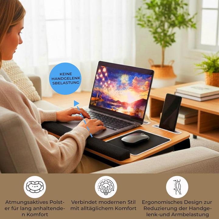 Laptopkissen für Bett & Sofa – Knietablett mit Kissen, Handyhalter & Handgelenkauflage - Passend bis