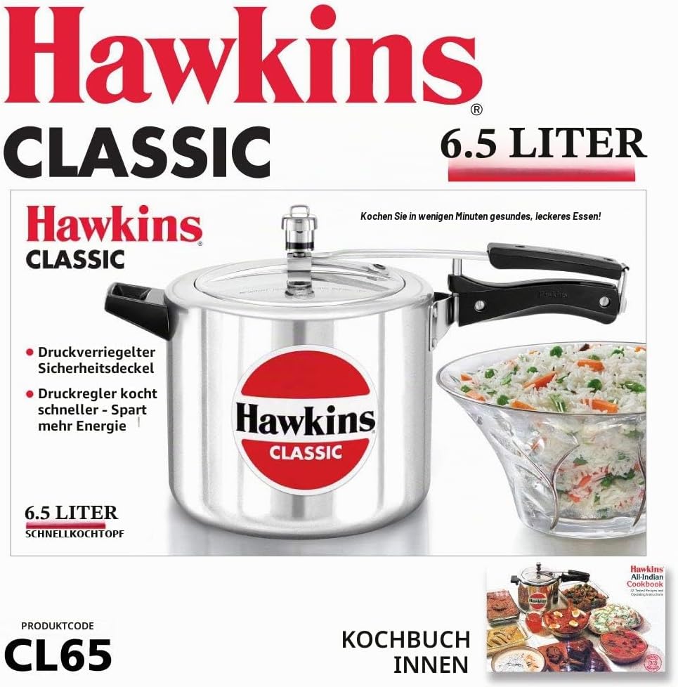 HAWKINS Classic CL65 Schnellkochtopf, 6,5 l, Aluminium, klein, silberfarben, 6.5 liters, Silver 6.5