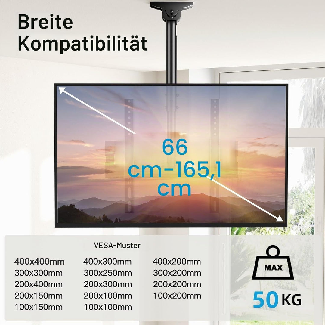 TV-Halterung für TV-Decke, neigbar und schwenkbar, verstellbar für Bildschirme von 26 bis 65 Zoll –