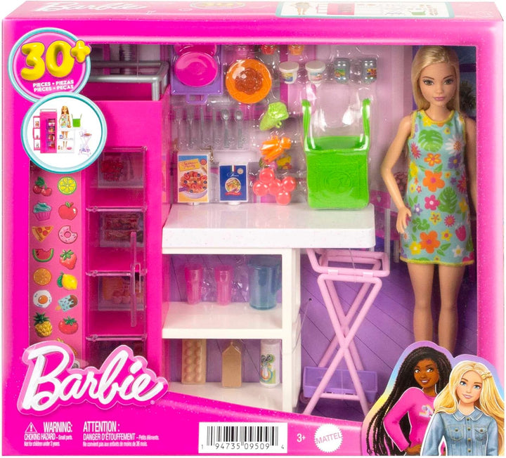 BARBIE Vorratskammer Spielset - Barbie Puppe mit über 25 Teilen und Küchenaccessoires - Perfekt für