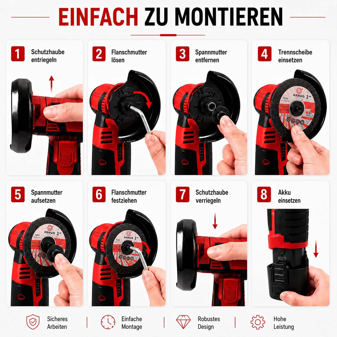 Mini Akku Winkelschleifer 12V, 76mm (3 Zoll) Bürstenloser | 2x 1500mAh Akku &amp; 8 Scheiben, 19500 U/mi