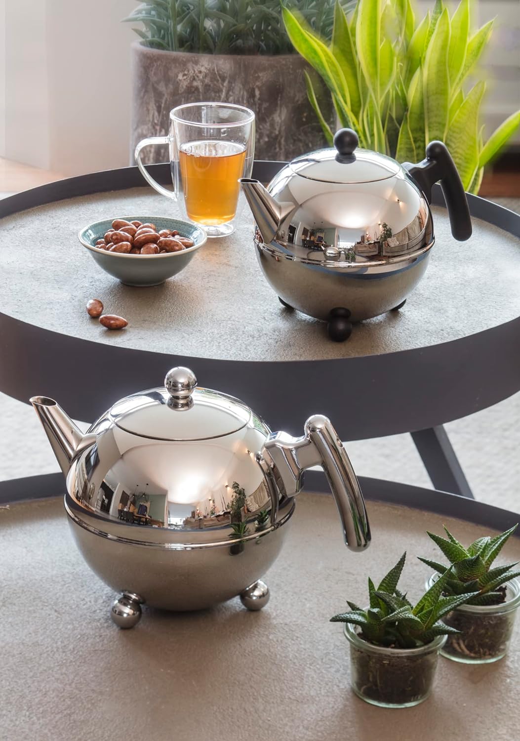 Bredemeijer bauchige runde doppelwandige Edelstahl Teekanne 1.5 Liter mit chromfarbenen Griff 1,5 l,