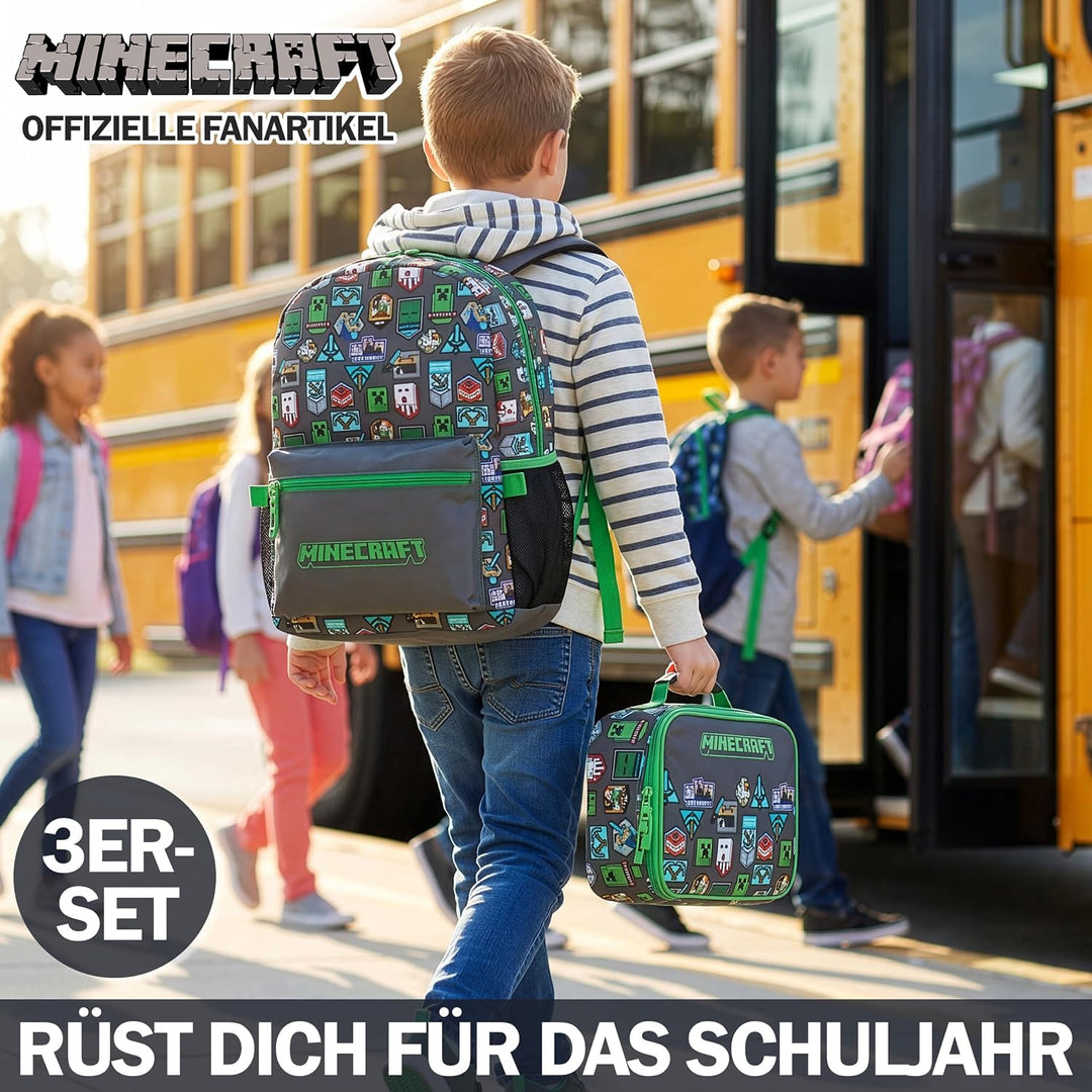 Get Trend Minecraft Grosser Rucksack Kinder 3er Set, 46 cm Kinderrucksack mit Federmäppchen und Isol