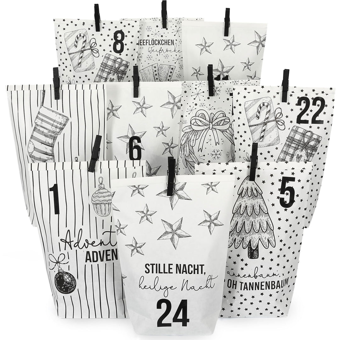 Papierdrachen Adventskalender 2025 zum Befüllen - 24 weisse Papiertüten mit Zahlenaufklebern - Motiv