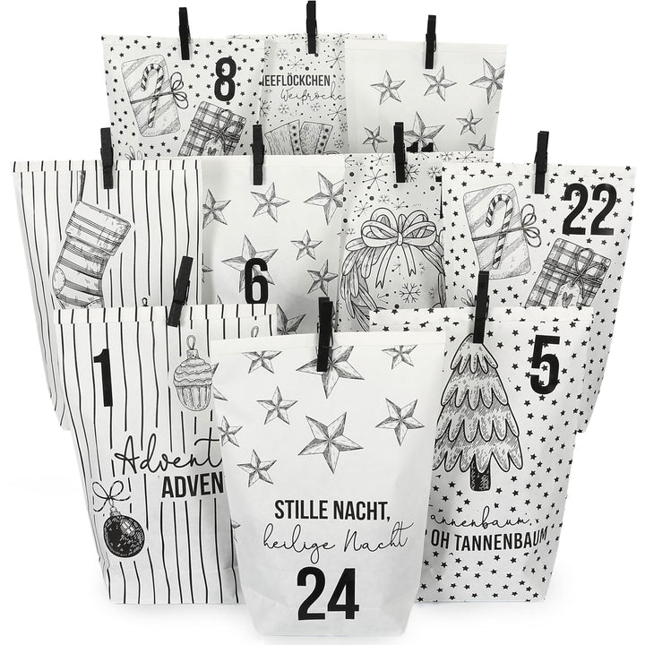 Papierdrachen Adventskalender 2025 zum Befüllen - 24 weisse Papiertüten mit Zahlenaufklebern - Motiv