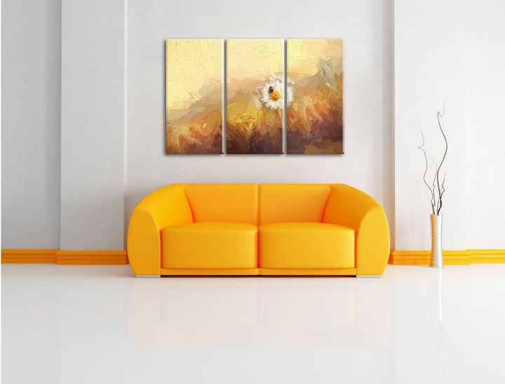 Pixxprint Gänseblümchen Marienkäfer / 3-Teilig/Gesamtmass 120cm Leinwandbild bespannt auf Holzrahmen