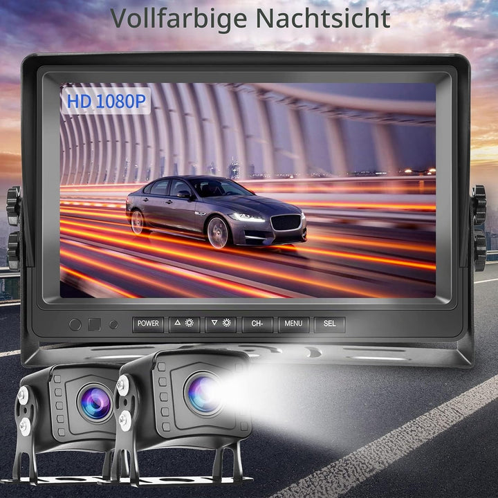 Dual Backup Kamera Rückfahrkamera System, Videoaufzeichnung 9 Zoll LCD Monitor DVR, IP69 Wasserdicht