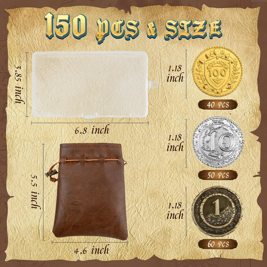 Byhoo 150 PCS Metall DND Münzen, 1,2“ Gold Silber Kupfer Token mit Nennwert für Brettspiel und Table
