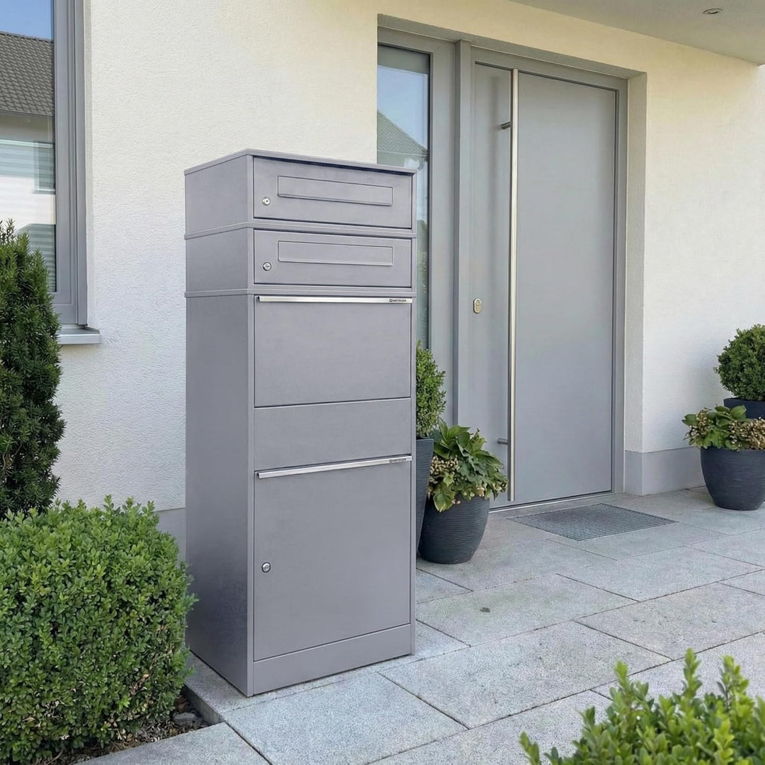Metzler Paketbox mit 2 Briefkästen – XXL 2er Briefkasten mit Paketfach, rostfrei und wetterfest – gr