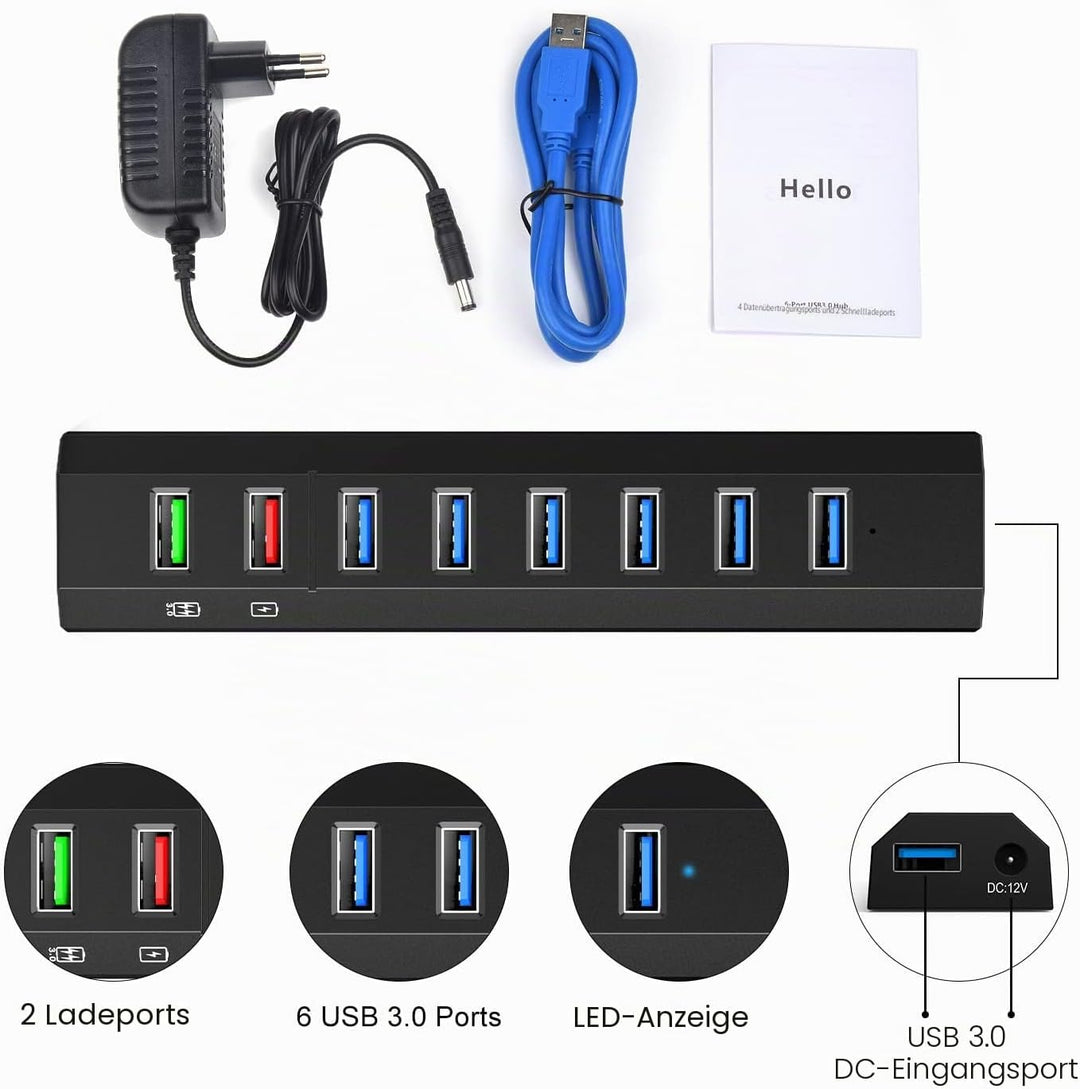 USB Hub 3.0 mit Netzteil, 8 Ports Vansuny USB Hub Aktiv 3.0 mit netzteil 36W, Ultraschnelle Übertrag
