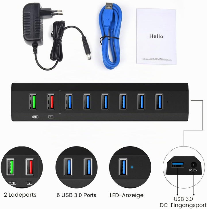 USB Hub 3.0 mit Netzteil, 8 Ports Vansuny USB Hub Aktiv 3.0 mit netzteil 36W, Ultraschnelle Übertrag