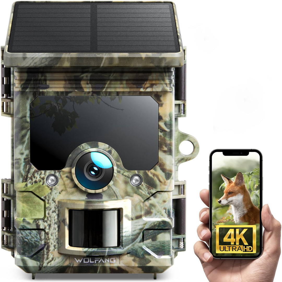 WOLFANG Solar Wildkamera 4K 46MP, WLAN Bluetooth Jagdkamera mit hervorragender Nachtsicht, Duale Str