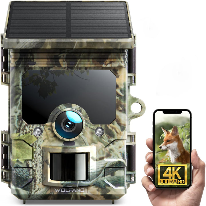 WOLFANG Solar Wildkamera 4K 46MP, WLAN Bluetooth Jagdkamera mit hervorragender Nachtsicht, Duale Str