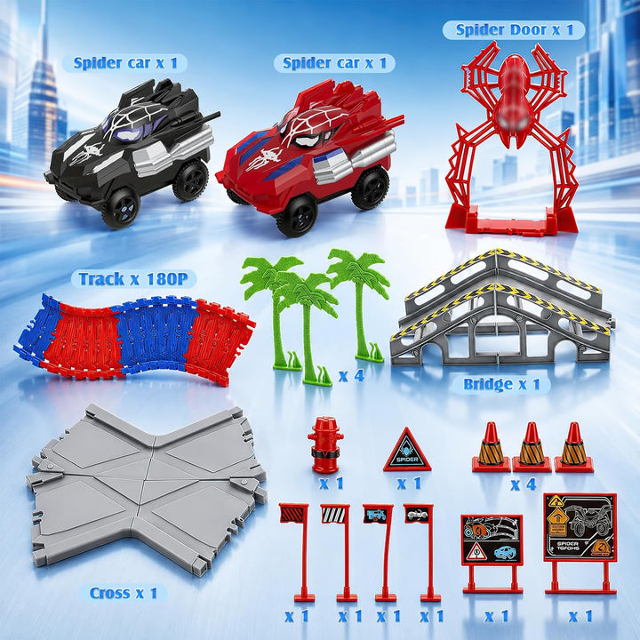 Spider Autorennbahn Set mit 2 Elektroautos, 212PCS Flexibles Auto Rennbahn Spielzeug, Kinder Weihnac