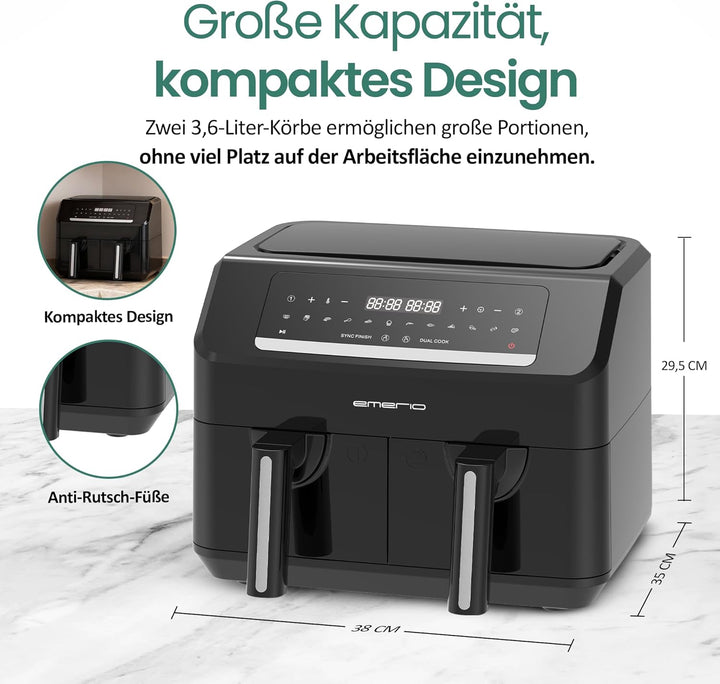 Emerio digitale DOPPEL Heissluftfritteuse AirFryer Frittieren mit heisser Luft ohne zusätzliches Öl