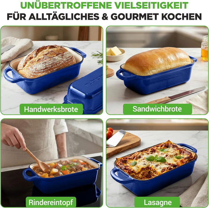 NutriChef Gusseisen Topf - Brotbackform mit Deckel - 22,9 cm Kastenform für Sauerteigbrot, emaillier