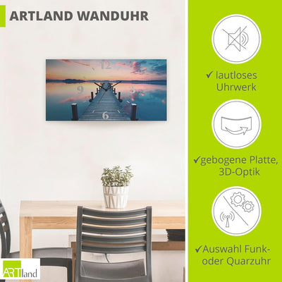 ARTLAND Wanduhr ohne Tickgeräusche Alu Funkuhr 50x25 cm Rechteckig Lautlos Natur See Steg Sonnenaufg