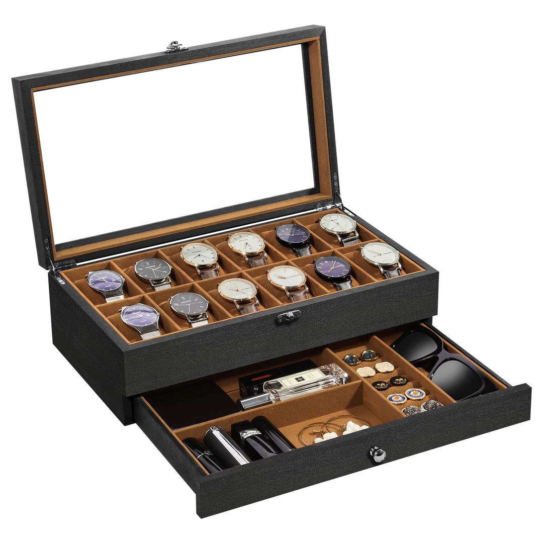 Uten Uhrenbox mit 12 Fächern, 2 Ebenen Uhrenkasten aus Massivholz mit Glasdeckel, Uhrenkissen Seiden