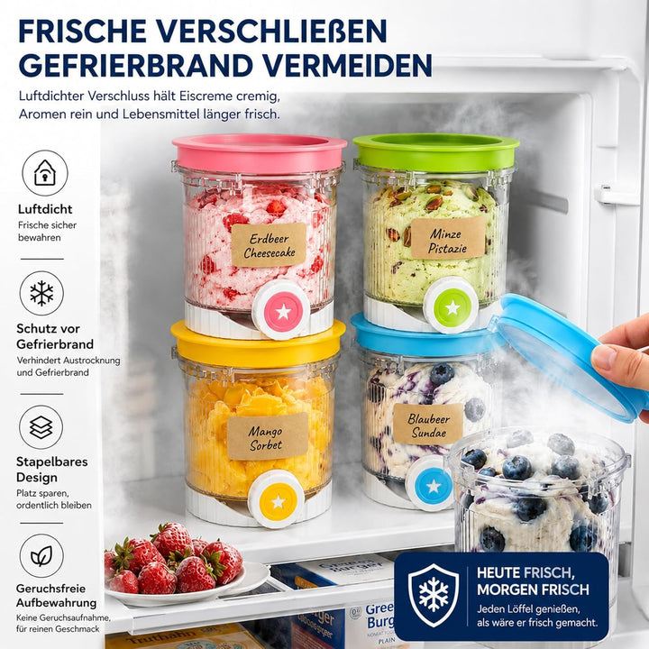 4 Behälter Kompatibel mit Ninja Creami Swirl NC700 NC701EU, 480ml Eisbecher Set mit 4 Farbigem Decke