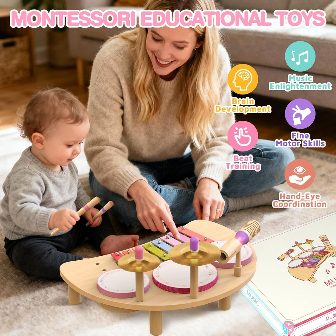 Holztrommelset - Montessori-Musikinstrumente für Kleinkinder, Schlagzeug-Set aus Holz mit Xylophon,
