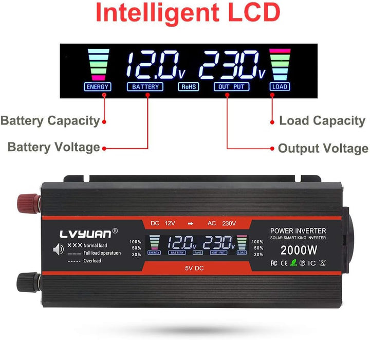 LVYUAN Spannungswandler 12V 230V 1000W / 2000W Wechselrichter LCD mit 2