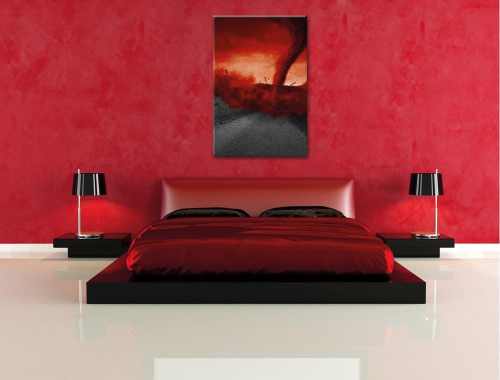 Pixxprint Roter stürmischer Tornado schwarz/weiss / 100x70cm Leinwandbild bespannt auf Holzrahmen/Wa