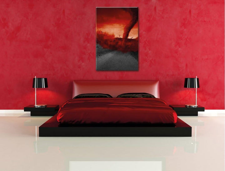Pixxprint Roter stürmischer Tornado schwarz/weiss / 100x70cm Leinwandbild bespannt auf Holzrahmen/Wa