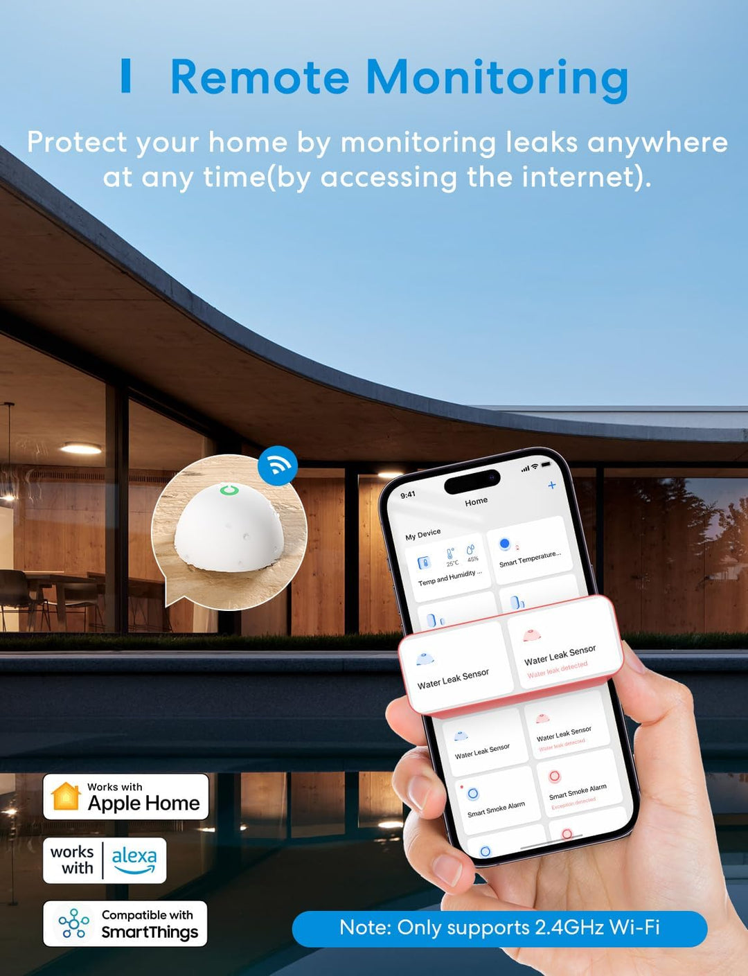 Meross Smart Wassermelder WLAN Wasseralarm 3St. für HomeKit, Wassersensor mit Hub kompatibel mit App