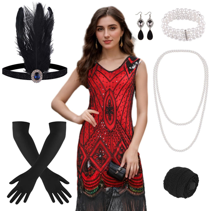 PLULON 1920er Jahre Pailletten Perlen Fransen Flapper Kleid mit 20er Jahre Accessoires Set (Rot XL R