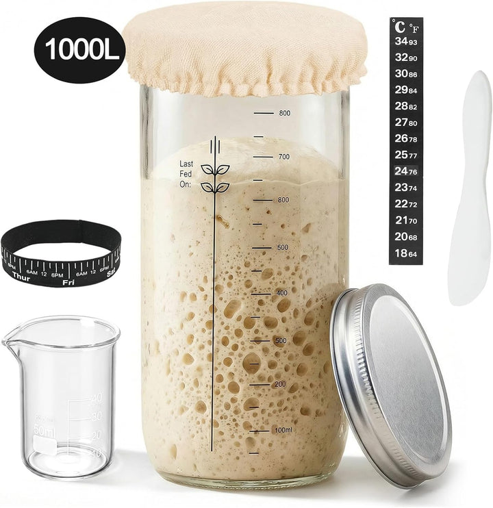 Sauerteig Starter Set aus Glas 1000ml - Anstellgut Glas Behälter mit Spatel Fermentierglas Cloth Cov