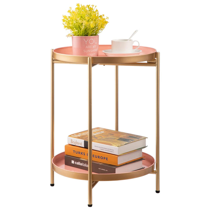 HollyHOME Runder Beistelltisch, 2 Ebenen Beistelltisch Metalltablett, Snacktisch, Couchtisch, Teetis