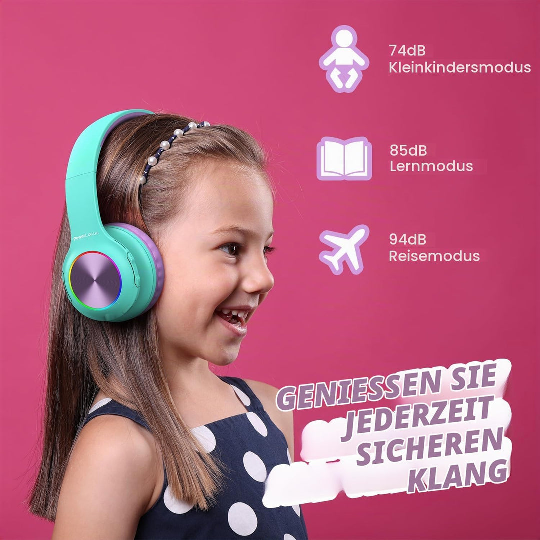 Kinderkopfhörer Bluetooth, PowerLocus Kinder Kopfhörer Kabellos mit LED-Leuchten 74/85/94dB Lautstär