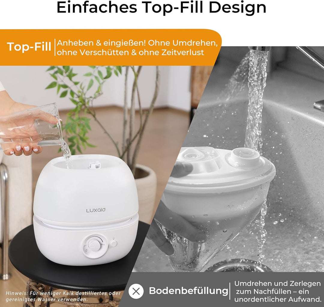 3L Luxaid Luftbefeuchter Schlafzimmer, ultraleiser 20dB, Top-Fill Luftbefeuchter für grosse Räume, B
