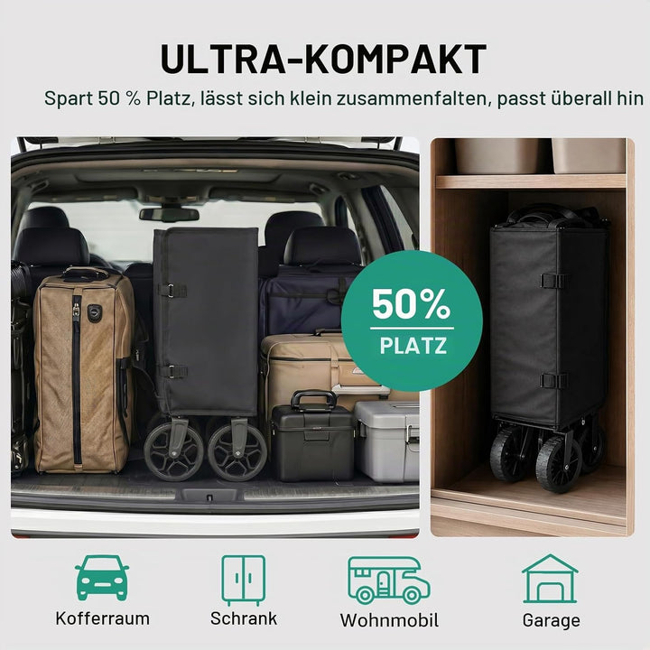 Overmont Bollerwagen Faltbar 3-in-1-120L 100KG Belastbar Klappbarer Handwagen mit All-Terrain Rädern