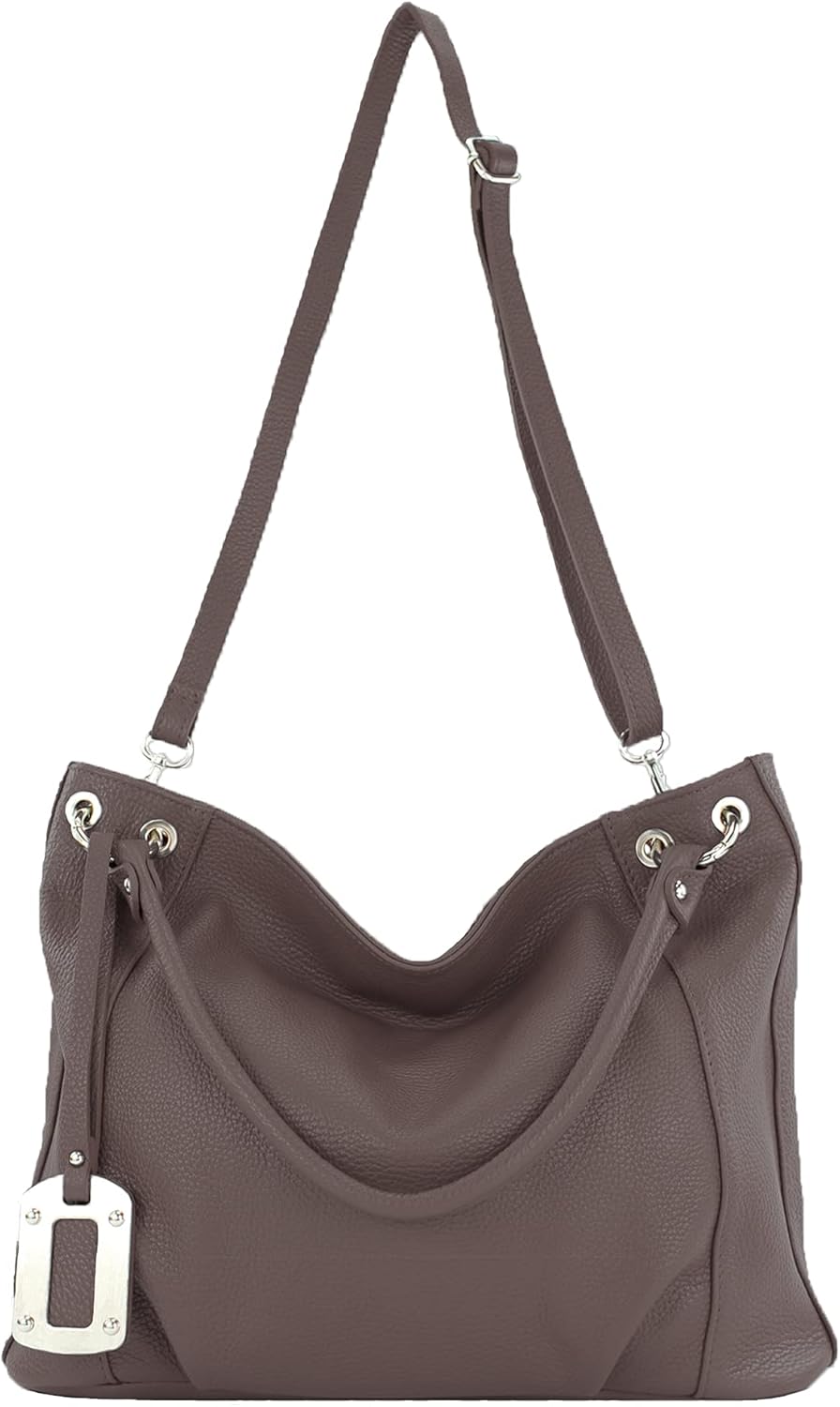modamoda de - T339 - ital. Schultertasche Shopper aus Leder Dark Chocolate, Dark Chocolate