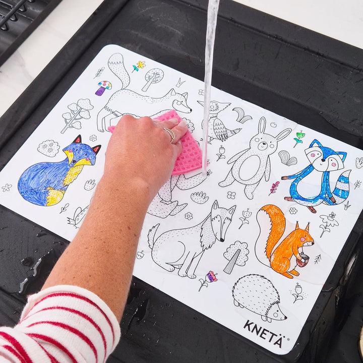 Malmatte für Kinder mit 12 abwaschbaren Stiften I Wiederverwendbare Ausmalmatte mit Waldtier-Motiven