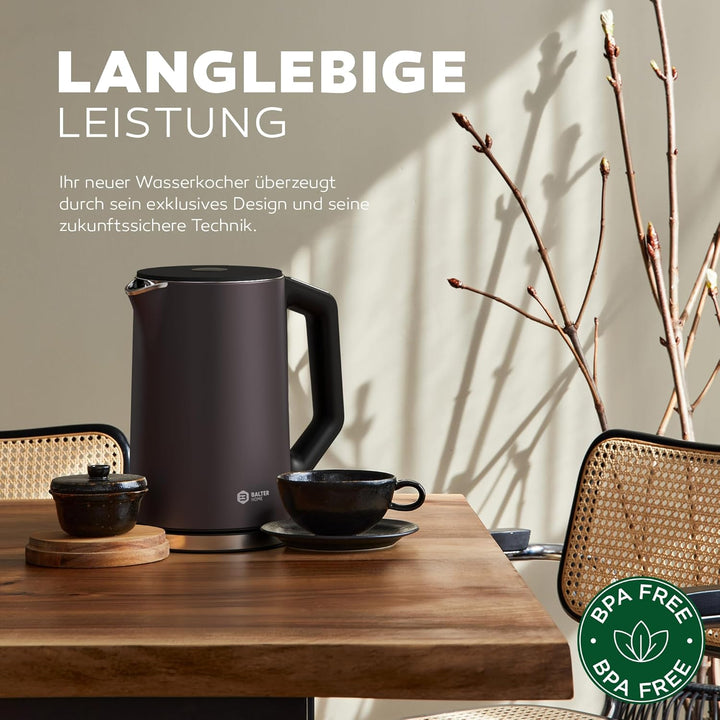 BALTER Edelstahl Wasserkocher mit Temperatureinstellung, 40°C-100°C, Doppelwand, BPA frei, leise & k