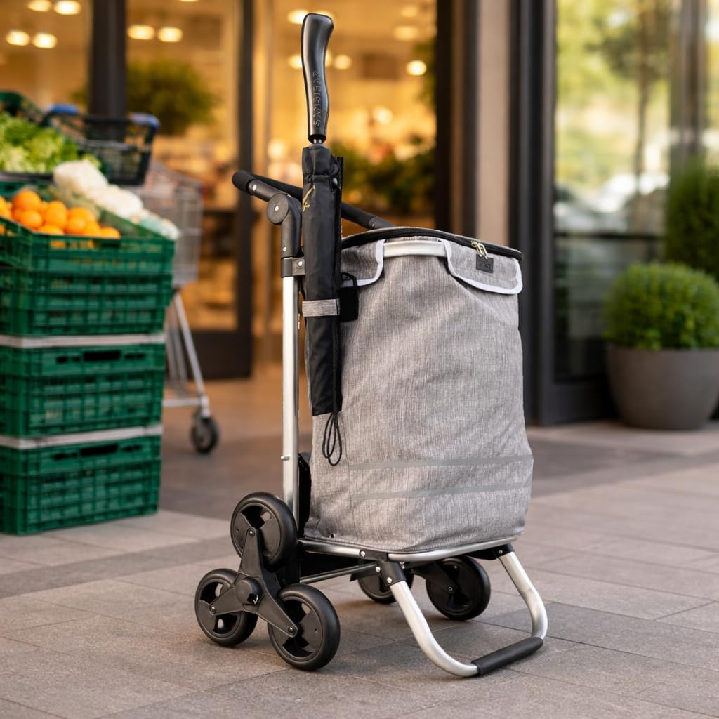 Faltbarer Aluminium Einkaufstrolley 57L (48L + 9L Kühlfach) Grau, 50kg Traglast, 35x45x98cm, Eva Tre