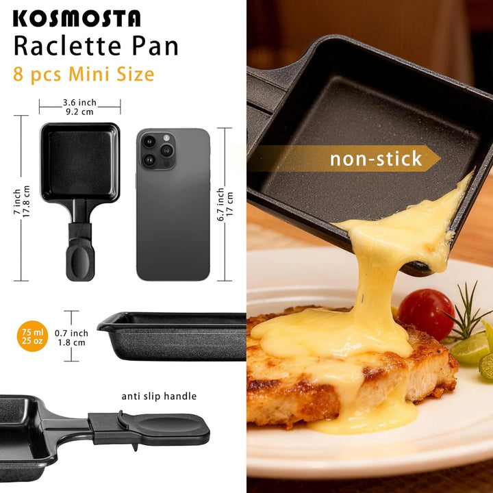 8er Set Quadratische Raclette Pfannen mit 8 Nylon Spateln, Antihaft Eisen Pfännchen, Ersatz Raclette