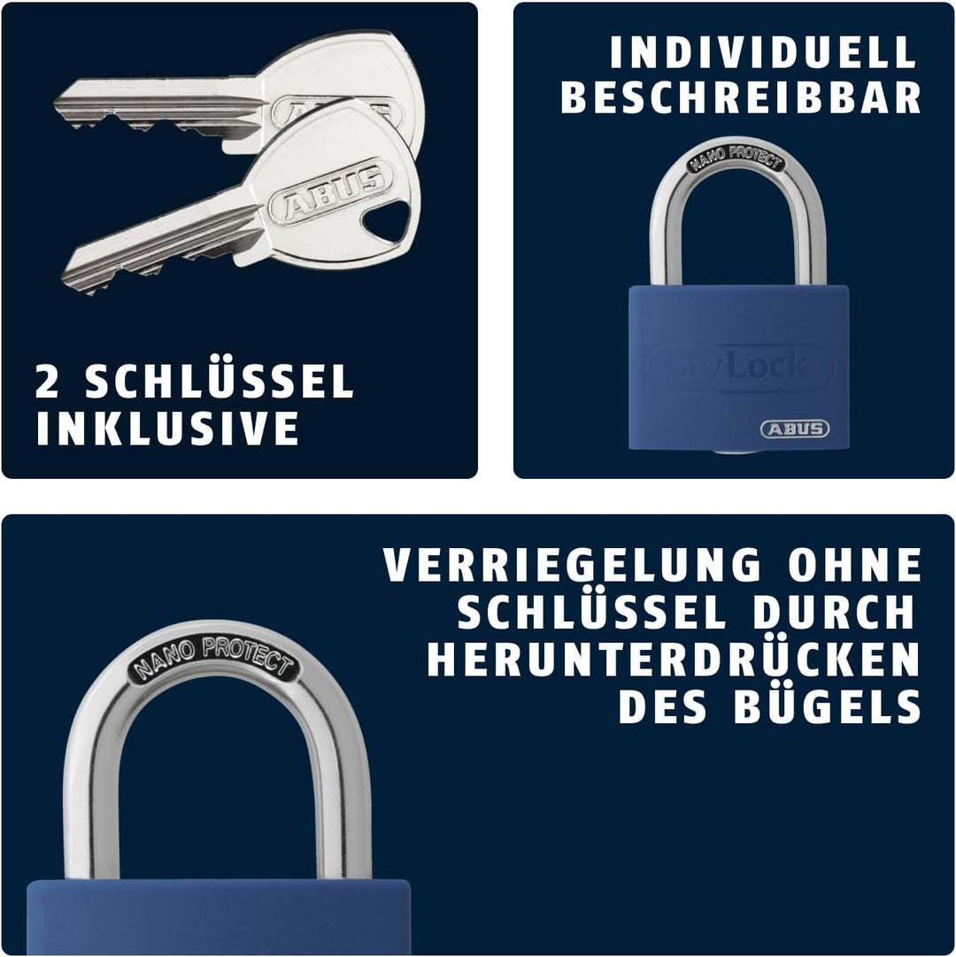 ABUS Vorhängeschloss T65AL/40 myLOCK - individuell beschreibbar - Spindschloss - massiver Aluminium-