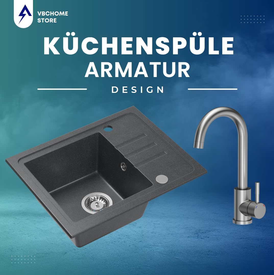 VBChome Spülbecken Granit Schwarz mit Armatur 55 x 44 cm Einzelbecken Einbauspüle Gesprenkelt Revers