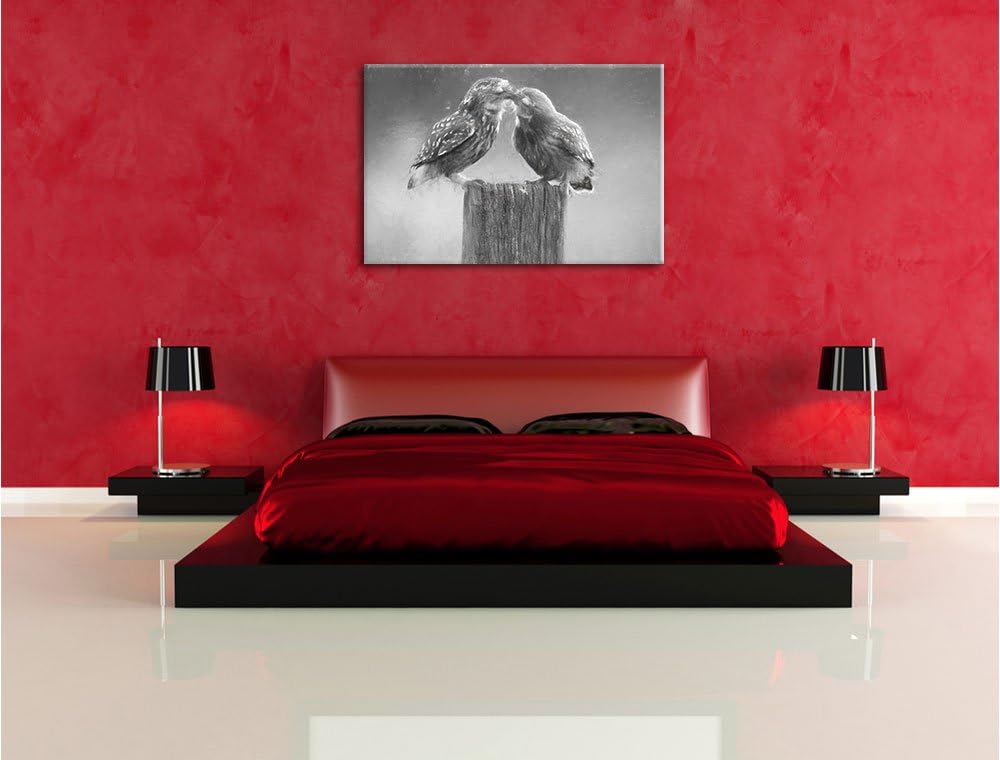 Pixxprint Küssende Eulen Kunst Kohle Effekt, Format: 100x70 auf Leinwand, riesige Bilder fertig gera