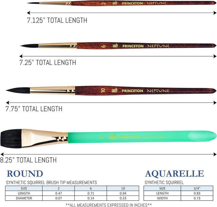 Princeton Neptune 4750 Pinsel-Set für Aquarellmalerei, 4-teilig, weich, synthetisch, Eichhörnchenpin