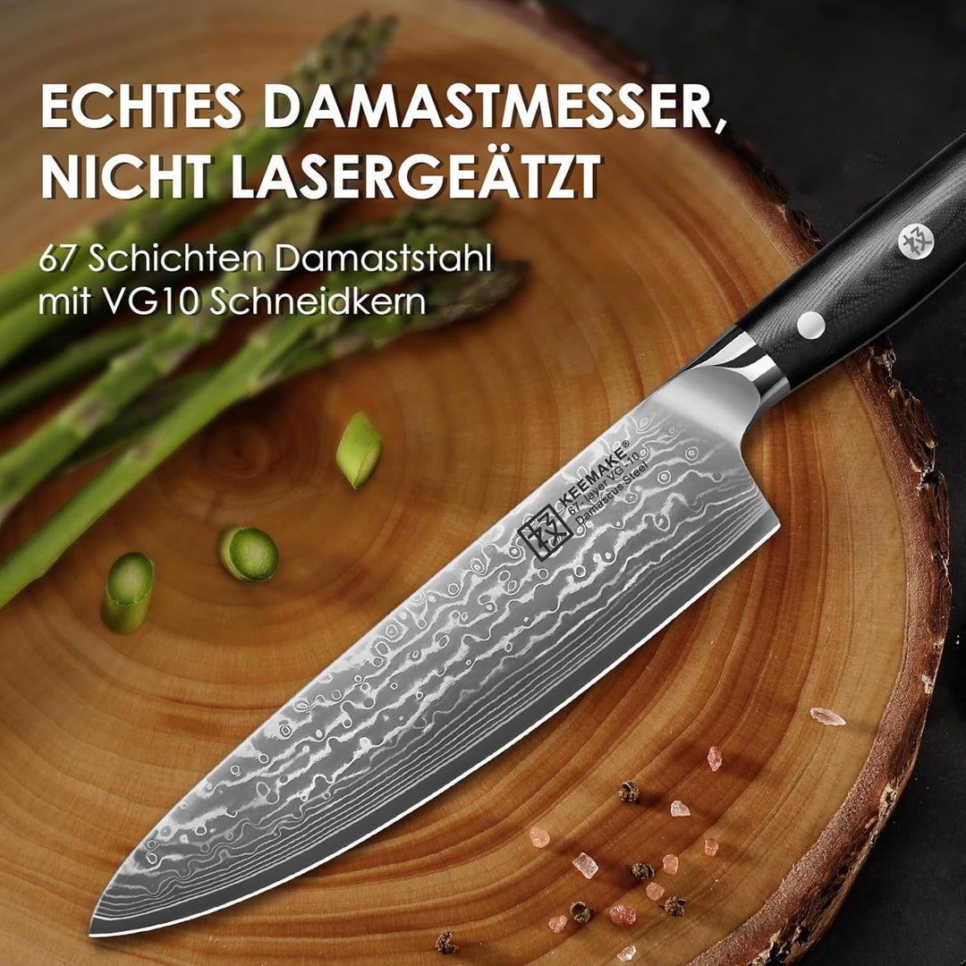 KEEMAKE Damastmesser Set 3 teilig - Küchenmesser Set aus 67 Lagen Damaststahl mit Ergonomischer G10